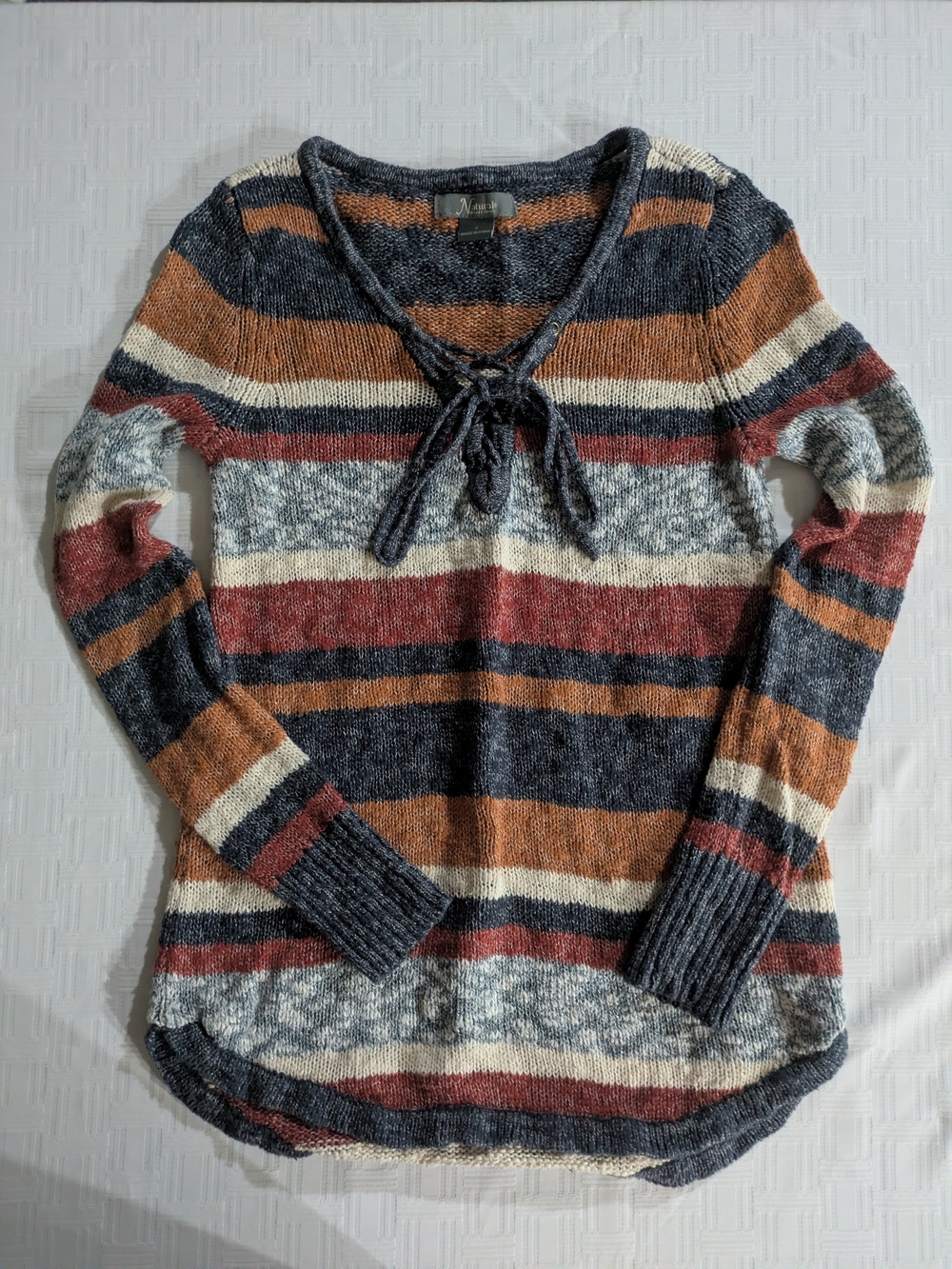 Natural Reflections Womens Small Striped Lace Up V-Neck Knit Sweater Earth Tone